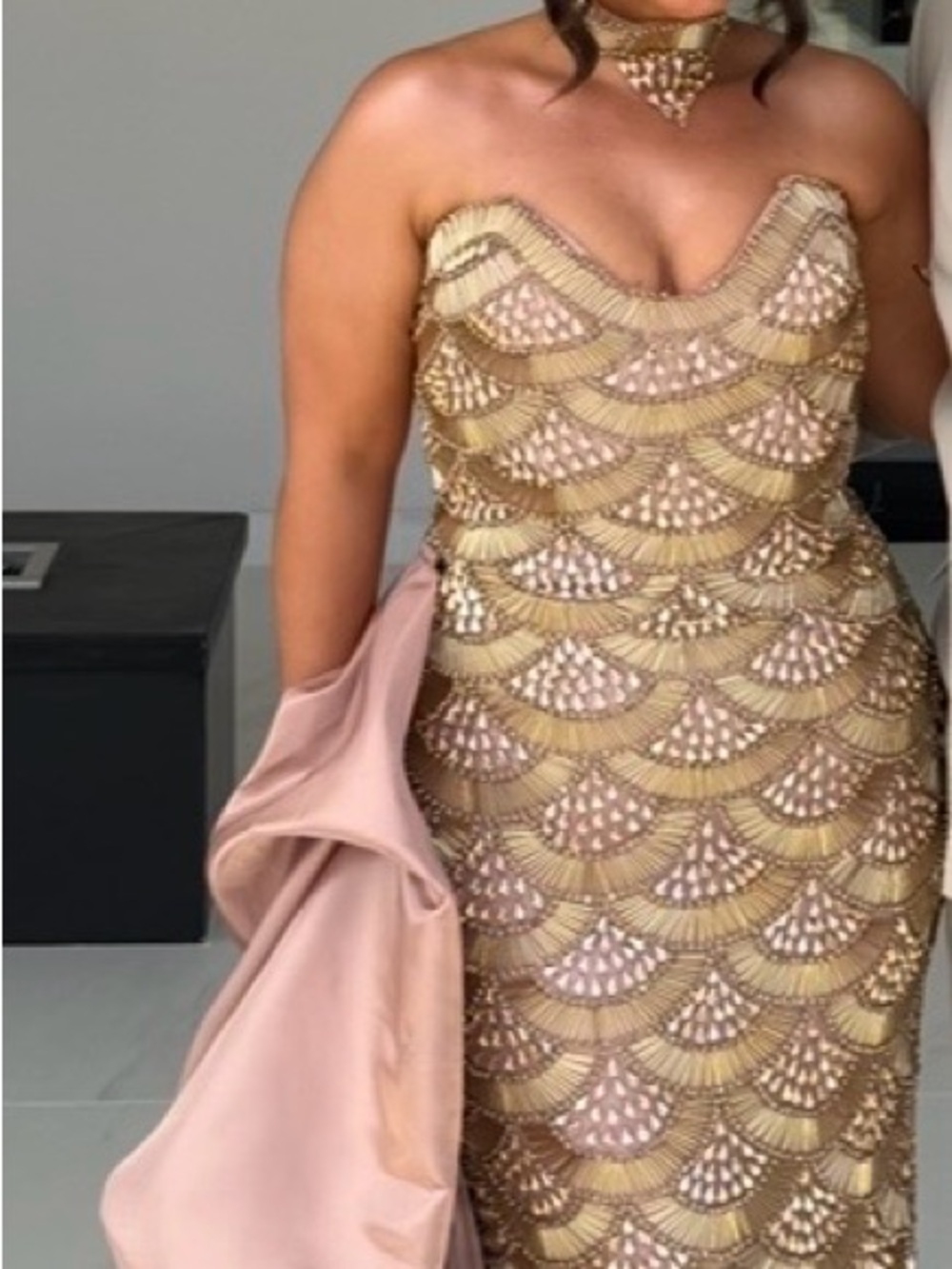 Beaded Gold and Blush Evening Skirt with Satin Side Skirt